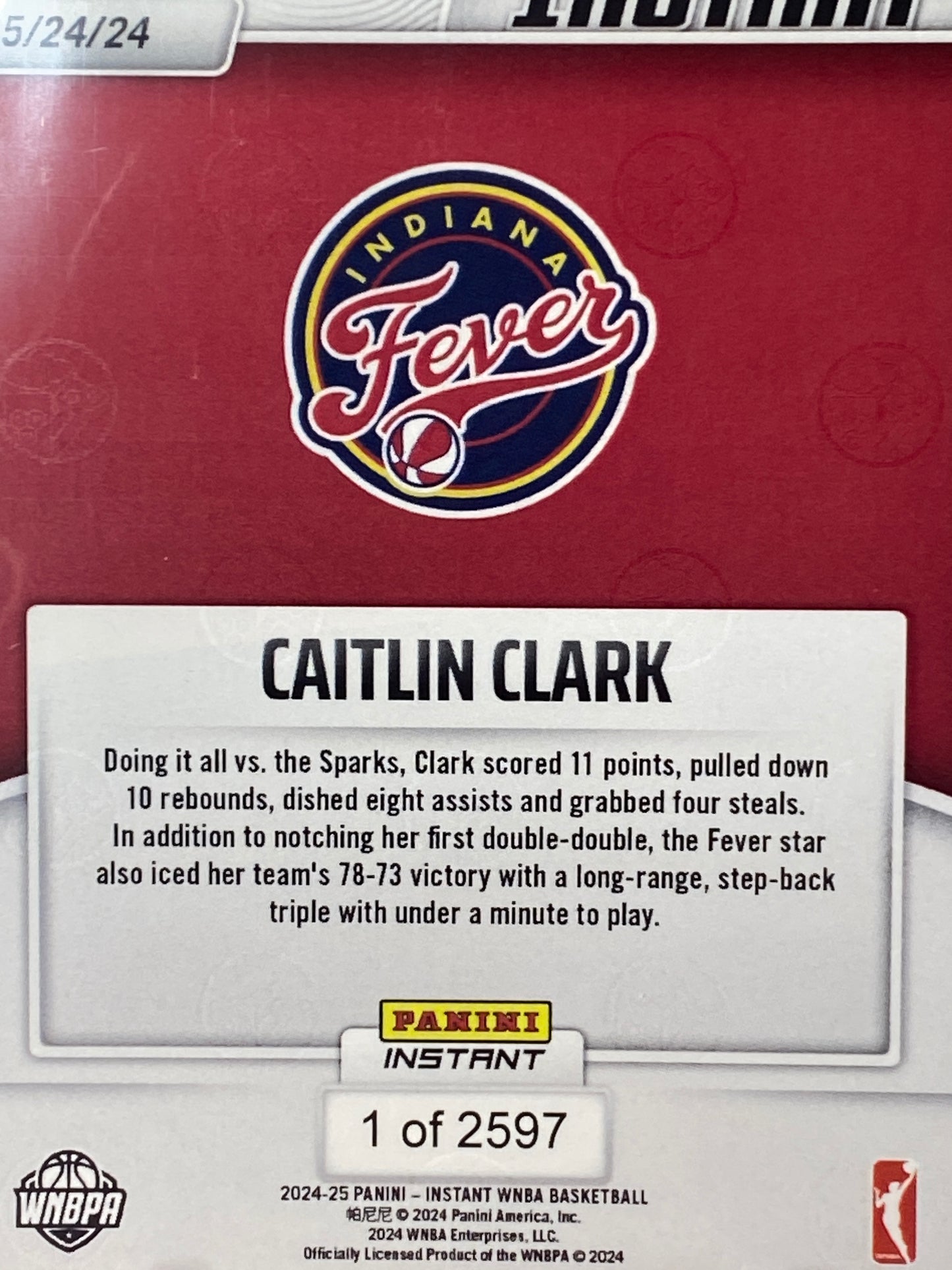 2024 Panini Instant WNBA #28 Caitlin Clark Rookie Card First Double-Double TCT GEM MINT 10
