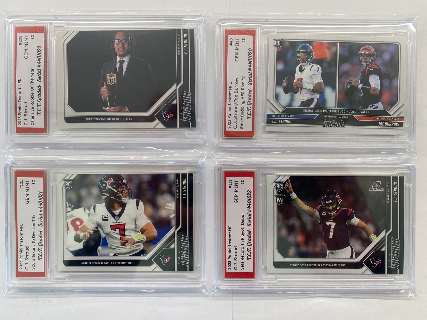 C.J. Stroud (4) Rookie Card Collection 2023 Panini Instant #208,131,121,46 T.C.T. Graded Gem Min 10 Card stands (4) Included
