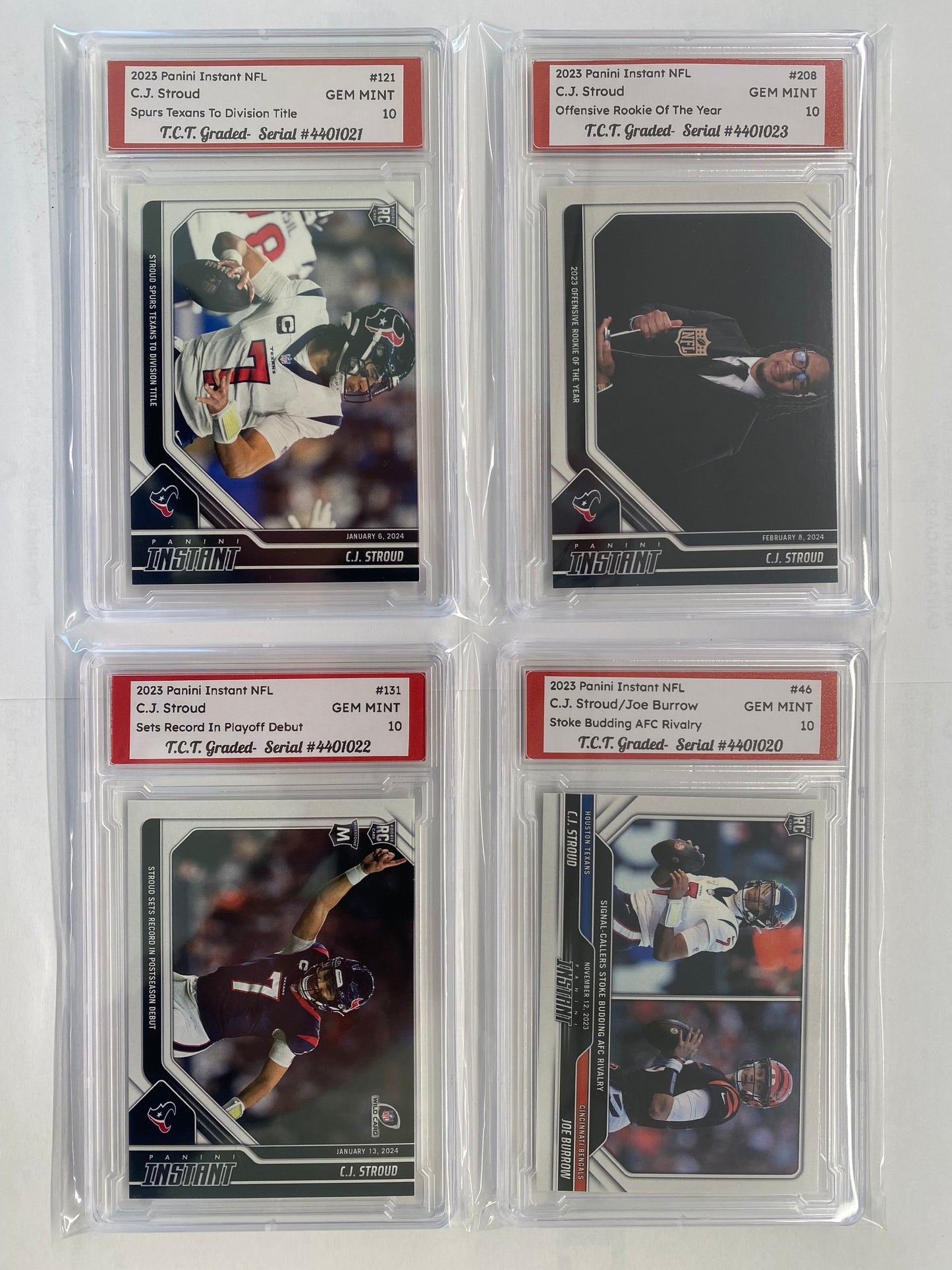 C.J. Stroud (4) Rookie Card Collection 2023 Panini Instant #208,131,121,46 T.C.T. Graded Gem Min 10 Card stands (4) Included