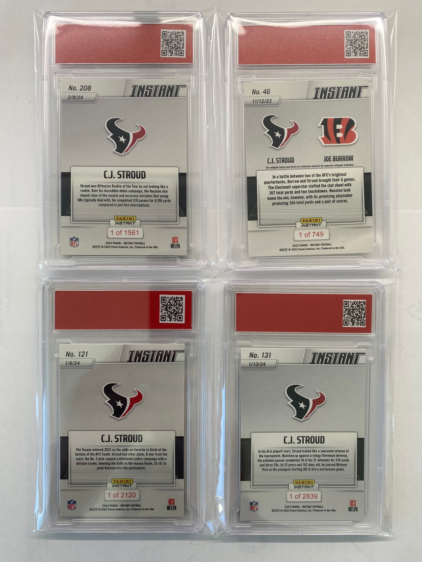 C.J. Stroud (4) Rookie Card Collection 2023 Panini Instant #208,131,121,46 T.C.T. Graded Gem Min 10 Card stands (4) Included