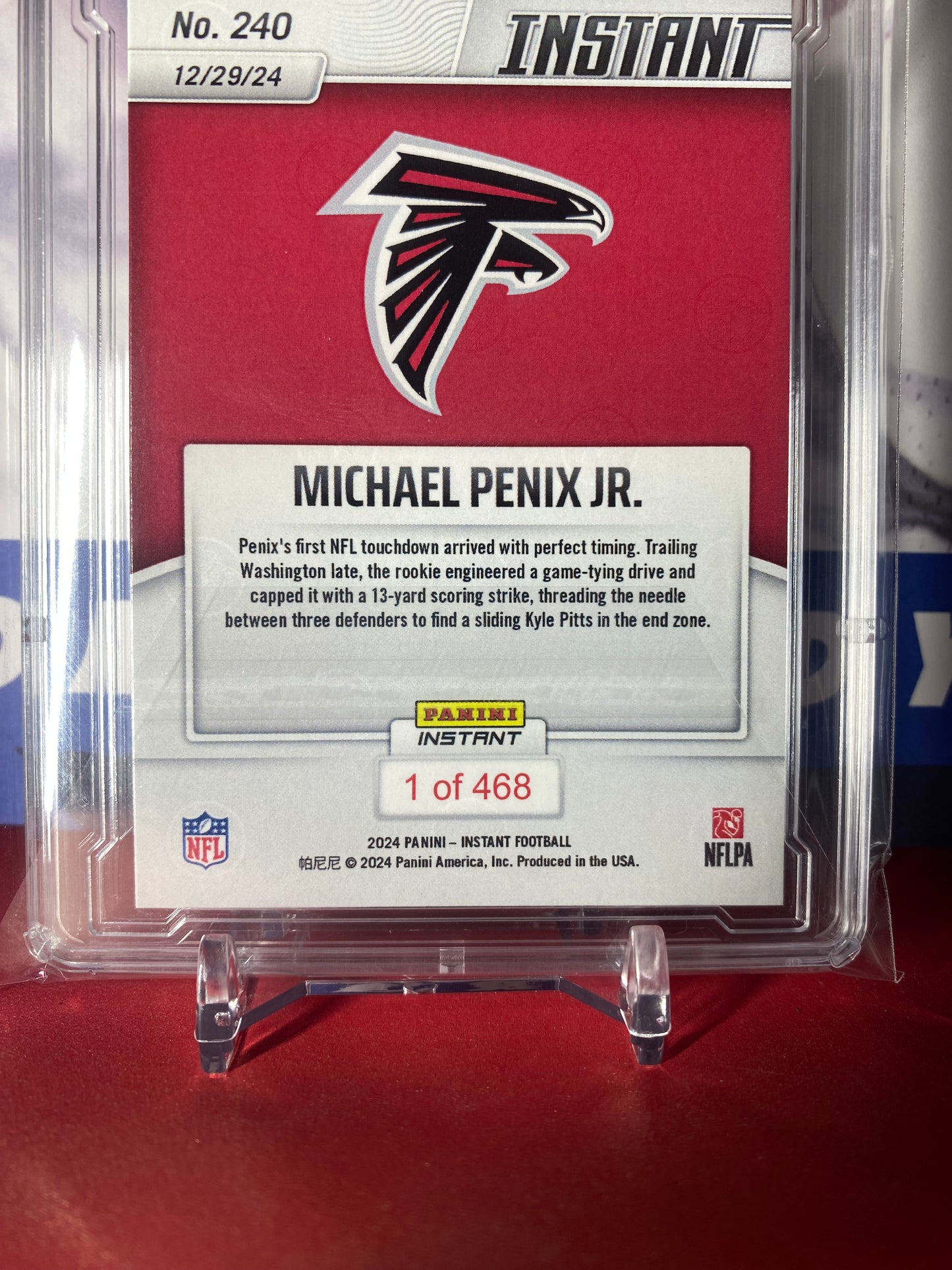 2024 Panini Instant NFL #240 Michael Penix Jr. Rookie Card T.C.T. Graded Gem Mint 10 Hits The Mark For First Touchdown