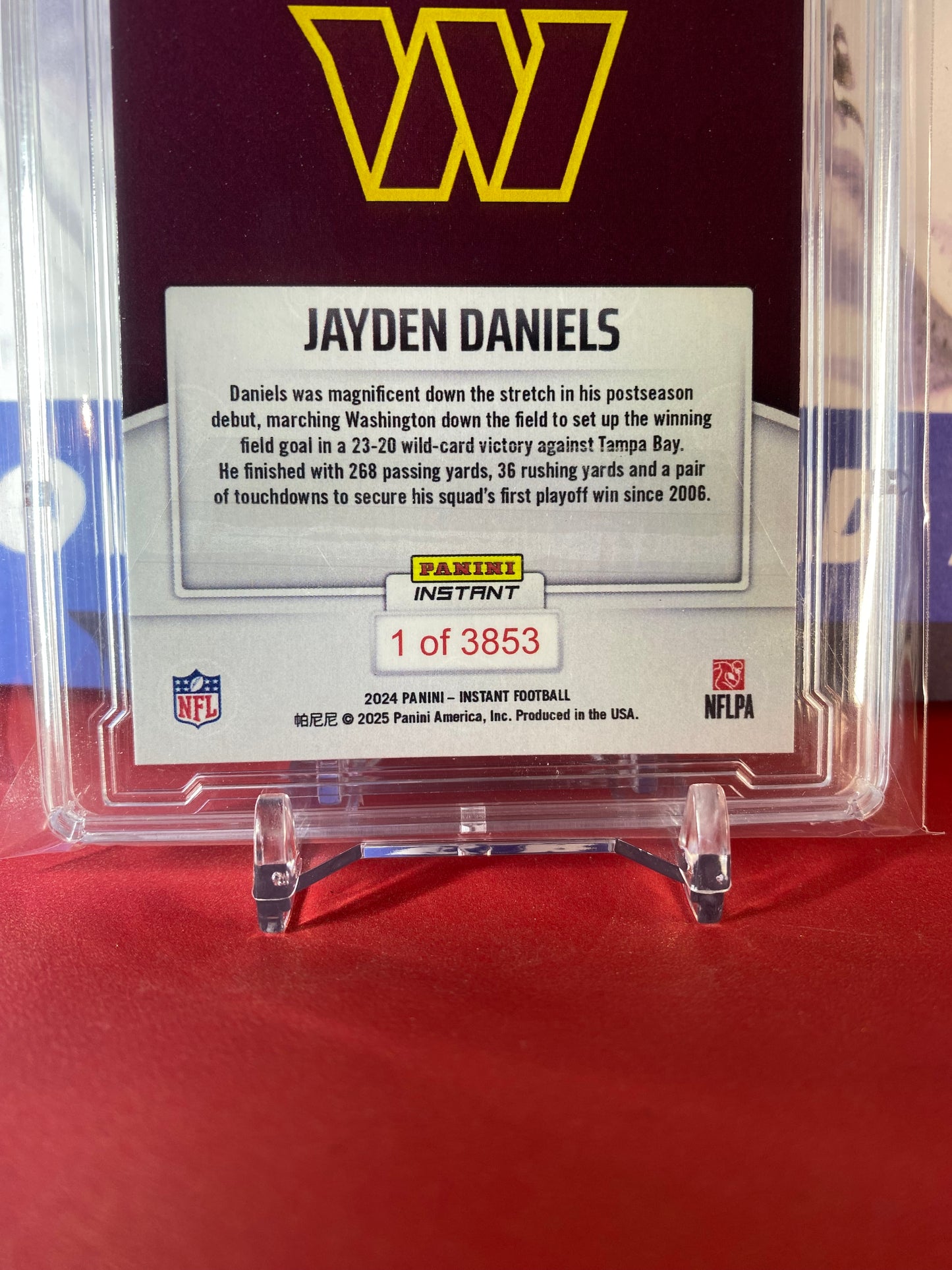 2024 Panini Instant NFL #264 Jayden Daniels Marches Commanders To Playoff Victory T.C.T. Graded Gem Mint 10 Rookie Card