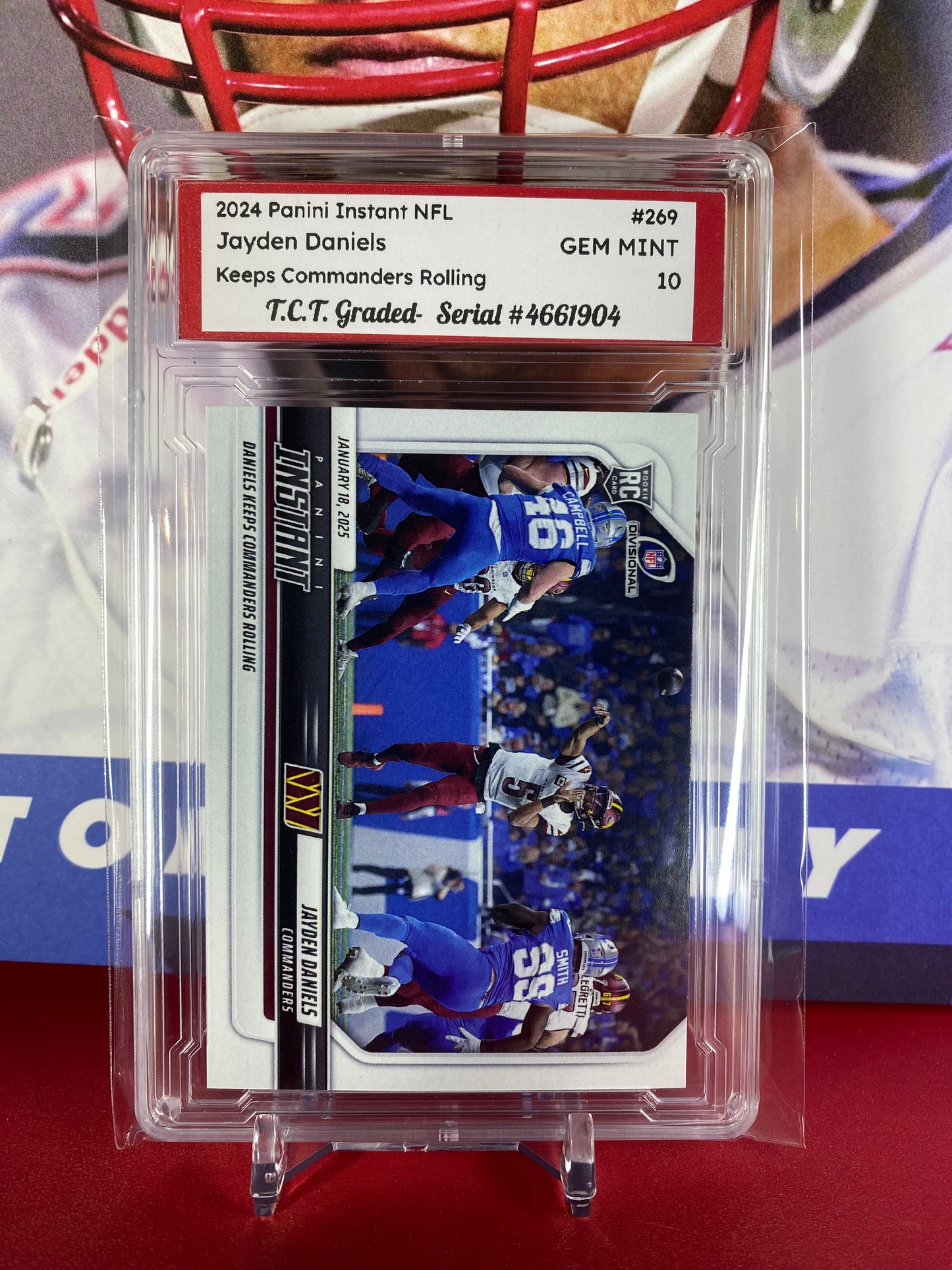 2024 Panini Instant NFL #269 Jayden Daniels Keeps Commanders Rolling T.C.T. Graded Gem Mint 10 Rookie Card