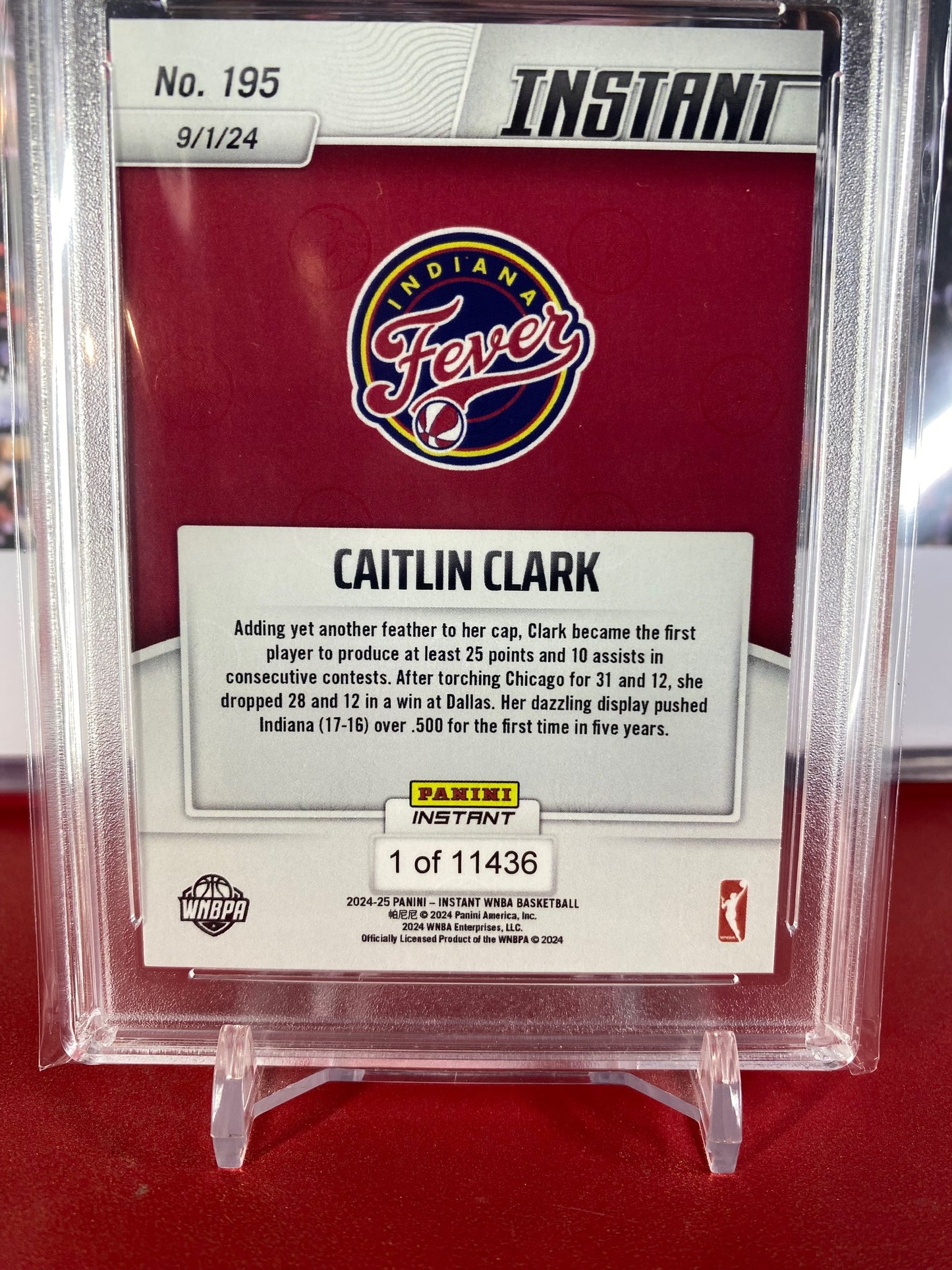 2024 Panini Instant #195 Caitlin Clark Rookie Card First To Post Consecutive 25-10 Lines T.C.T. Graded Gem Mint 10