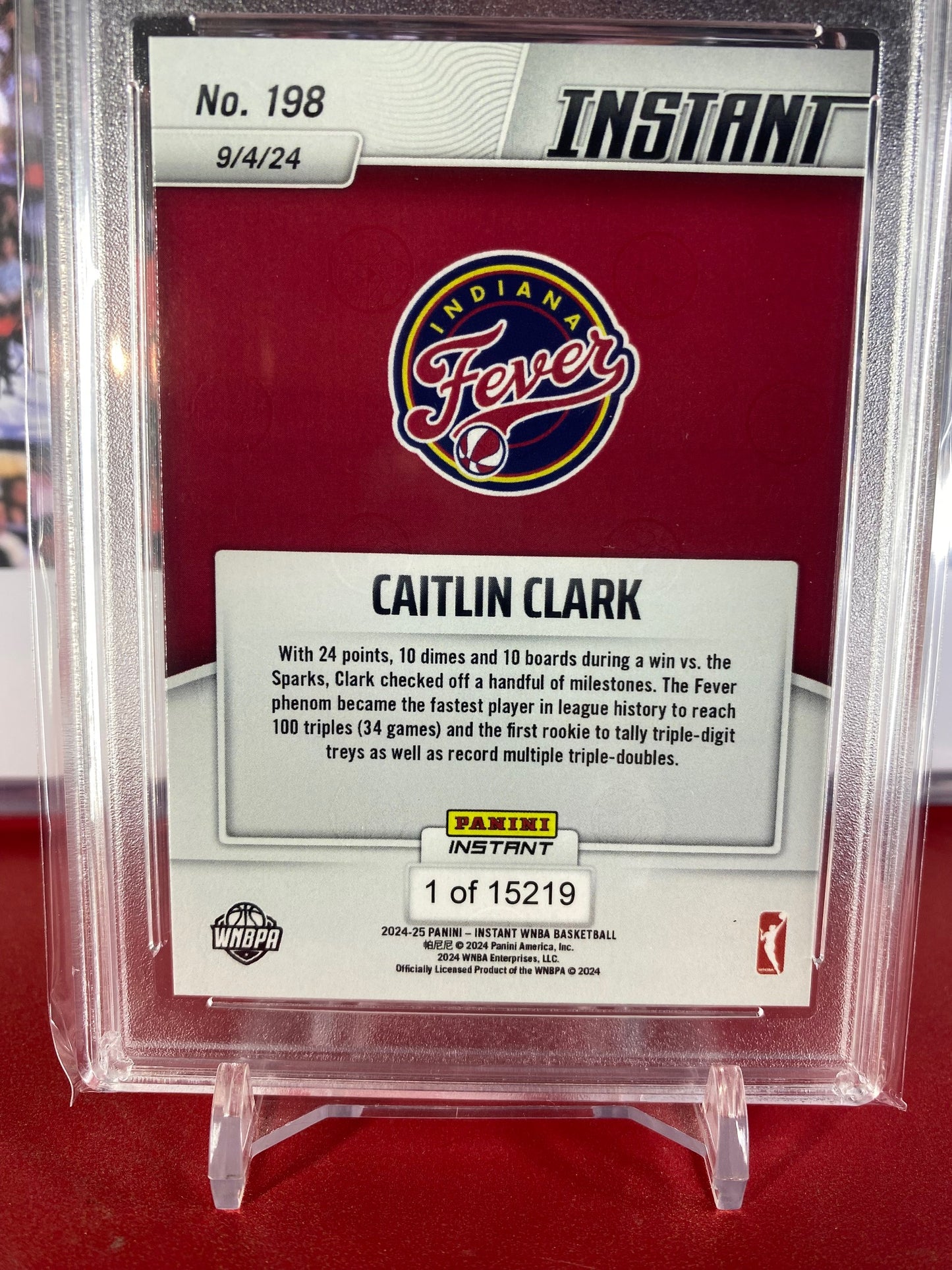 2024 Panini Instant #198 Caitlin Clark Rookie Card Stacks Up Stats, Racks Up Records T.C.T. Graded Gem Mint 10