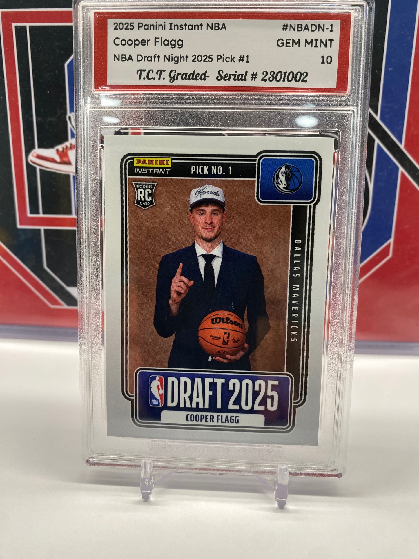 2025 Panini Instant NBA #NBADN-1 Cooper Flagg NBA Draft Night 2025 Pick #1 T.C.T. Graded Gem Mint 10 Card stand included
