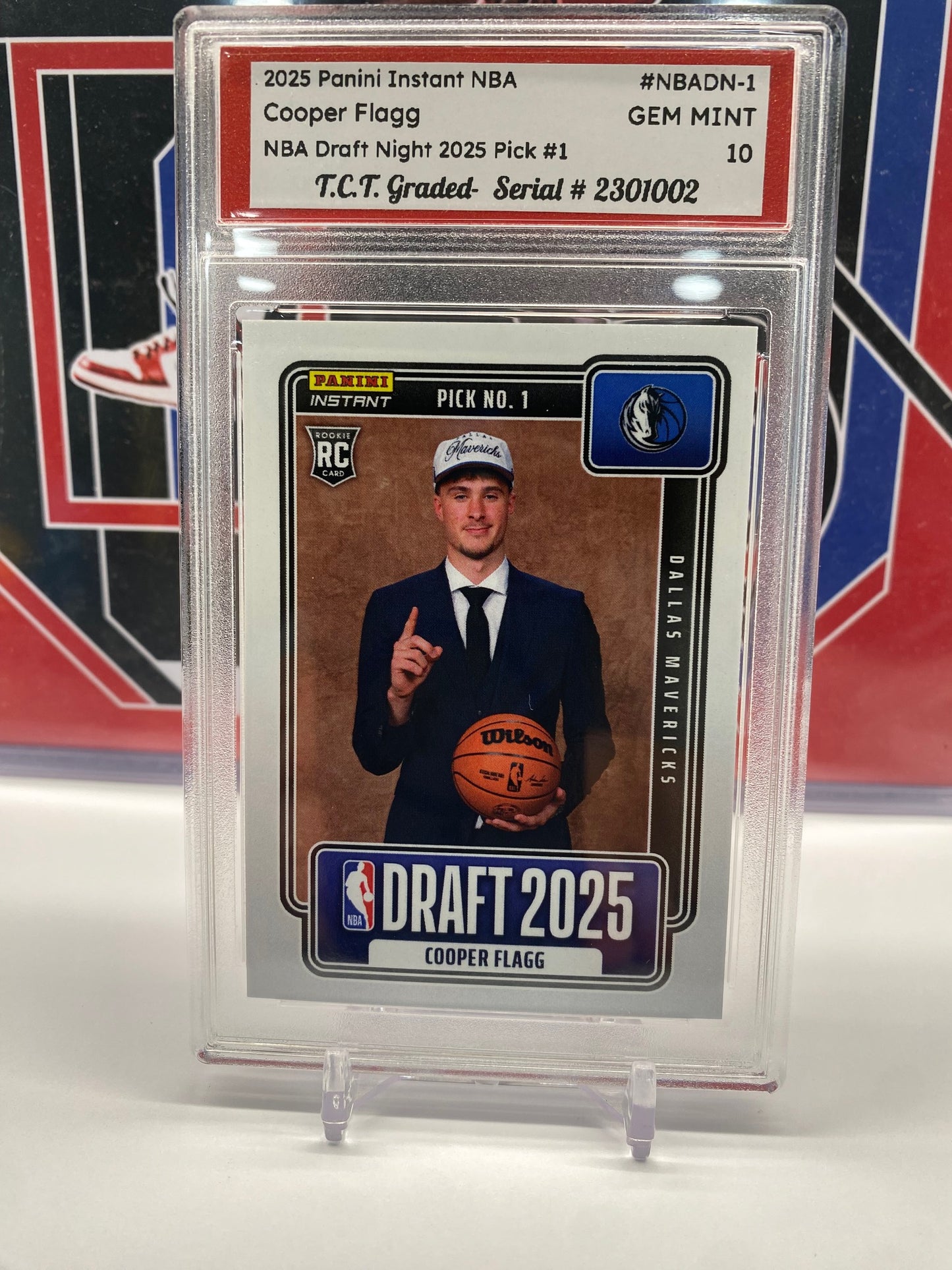 2025 Panini Instant NBA #NBADN-1 Cooper Flagg NBA Draft Night 2025 Pick #1 T.C.T. Graded Gem Mint 10 Card stand included