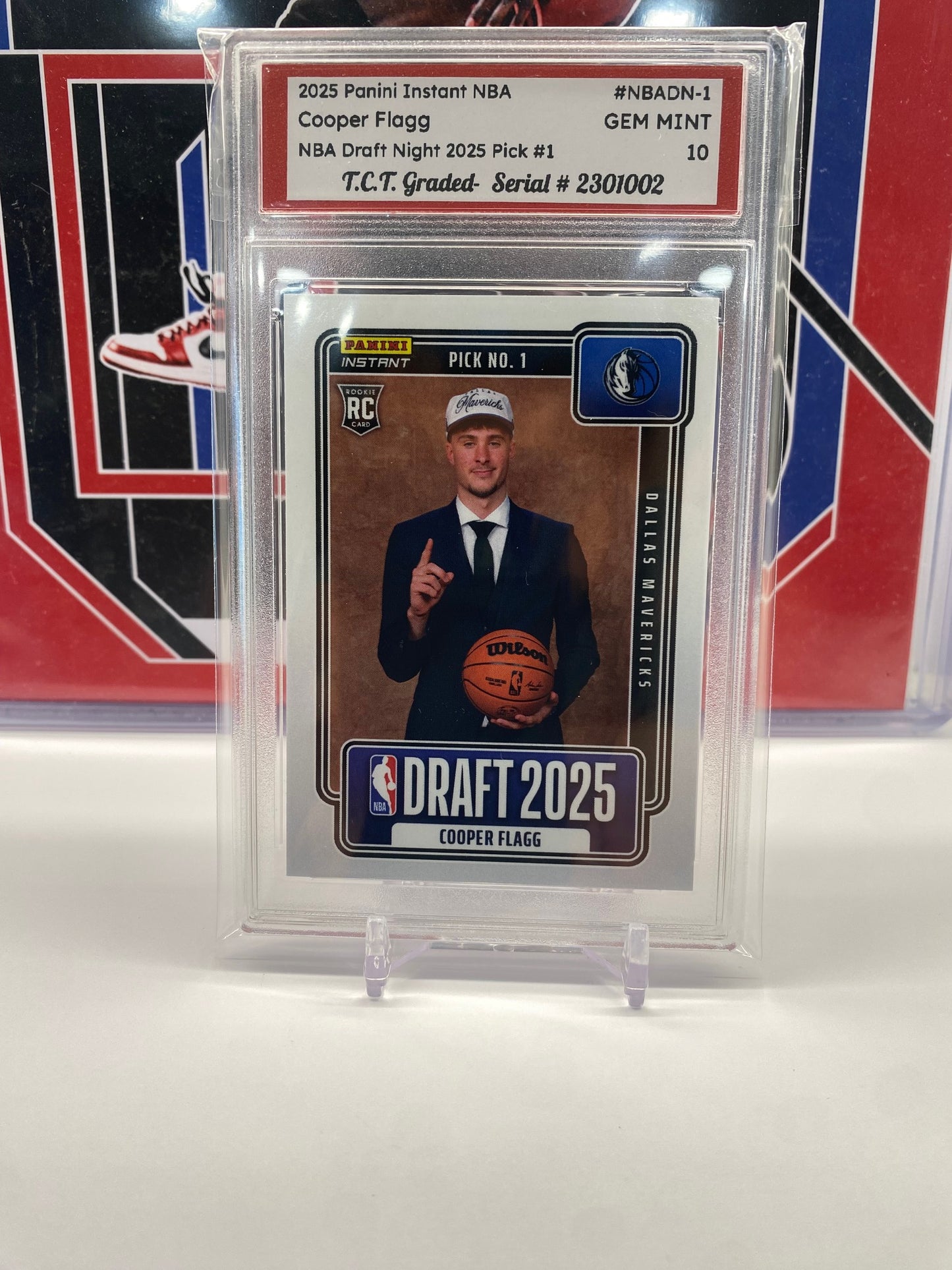 2025 Panini Instant NBA #NBADN-1 Cooper Flagg NBA Draft Night 2025 Pick #1 T.C.T. Graded Gem Mint 10 Card stand included