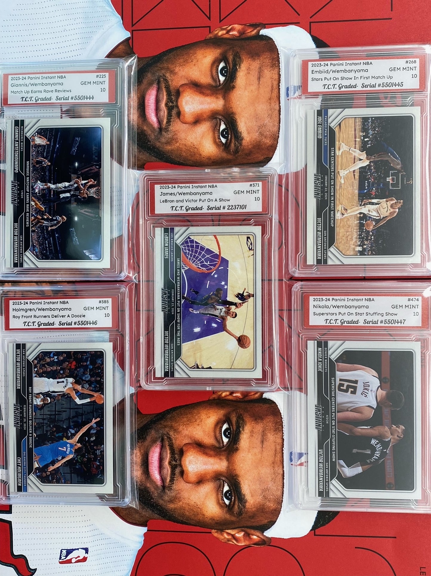5 VS. Wembanyama Rookie Collection 2023 Panini Instant #225 268 371 385 474 T.C.T. Graded Gem Mint 10 Nikola/Holmgren/James/Embiid/Giannis