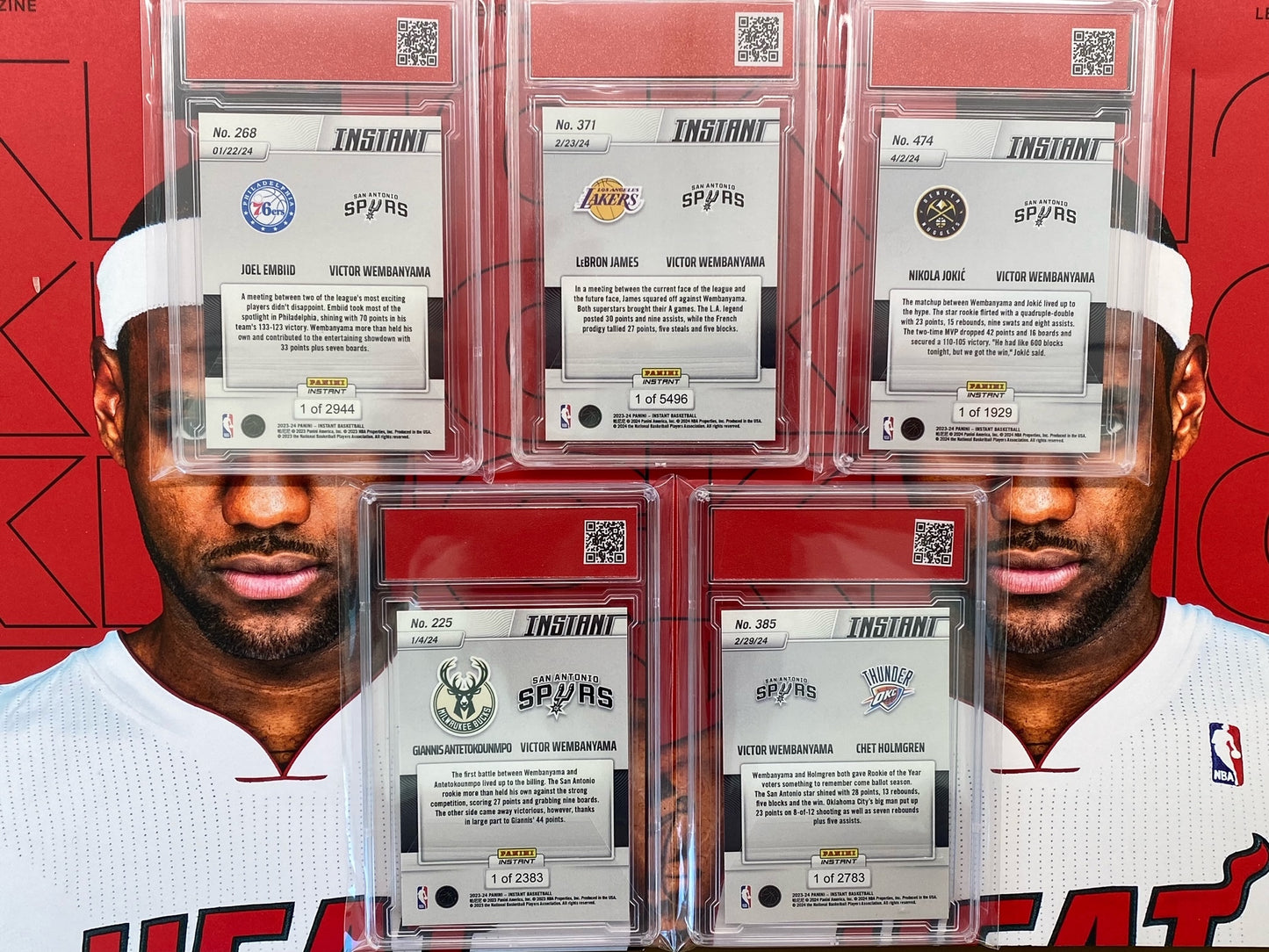 5 VS. Wembanyama Rookie Collection 2023 Panini Instant #225 268 371 385 474 T.C.T. Graded Gem Mint 10 Nikola/Holmgren/James/Embiid/Giannis