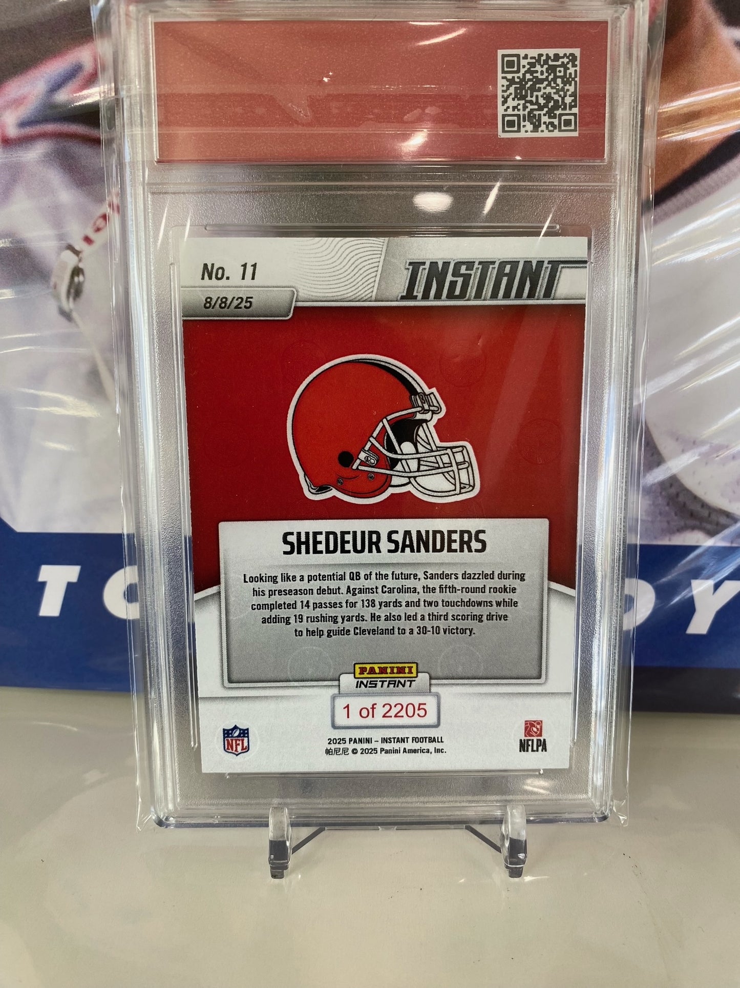 2025 Panini Instant NFL #11 Shedeur Sanders RC Spot On During Preseason Debut T.C.T. Graded Gem Mint 10 Card stand included