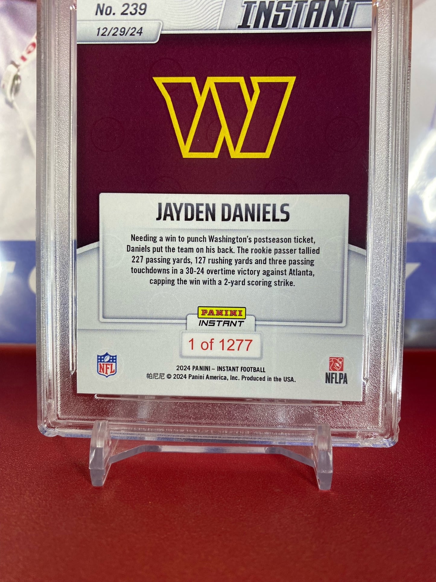 2024 Panini Instant NFL #239 Jayden Daniels Rookie Card T.C.T. Graded Gem Mint 10 Punches Playoff Ticket In Style