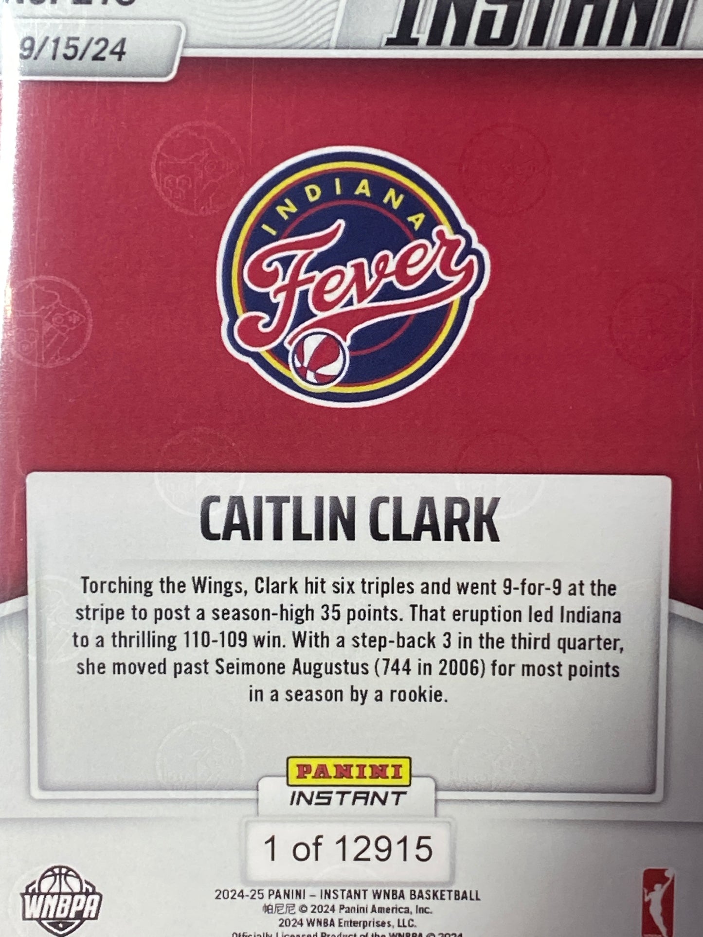 2024 Panini Instant WNBA #218 Caitlin Clark Rookie Card Breaks Rookie Scoring Record T.C.T. Graded Gem Mint 10