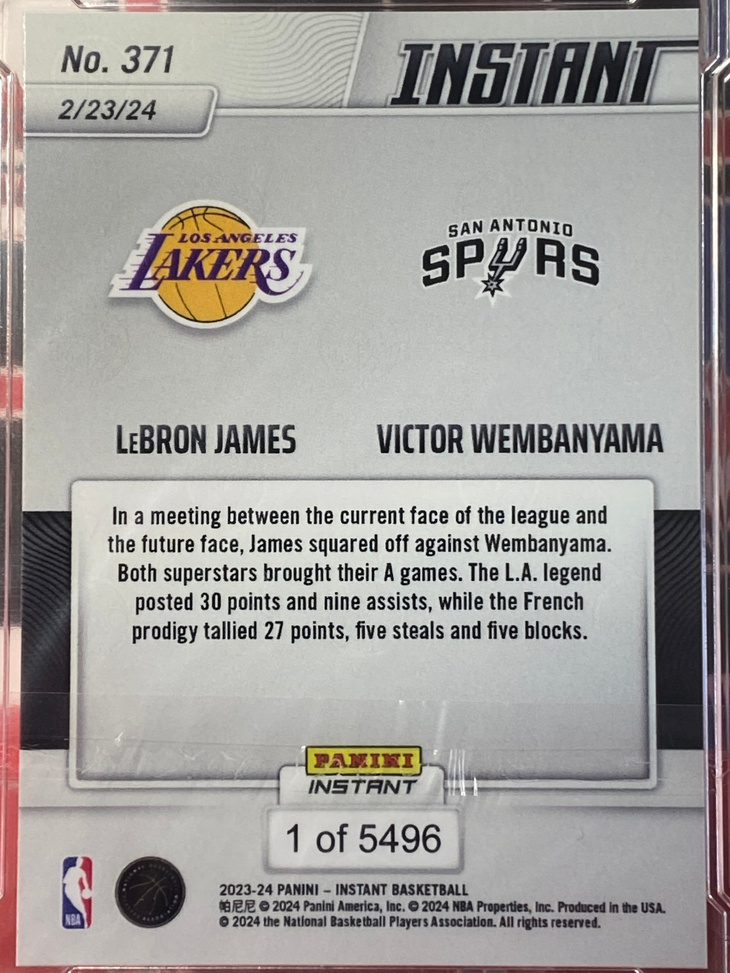 2023-24 Panini Instant NBA #371 LeBron James VS Victor Wembanyama Rookie Card LeBron/Victor Put On A Show T.C.T. Graded Gem Mint 10