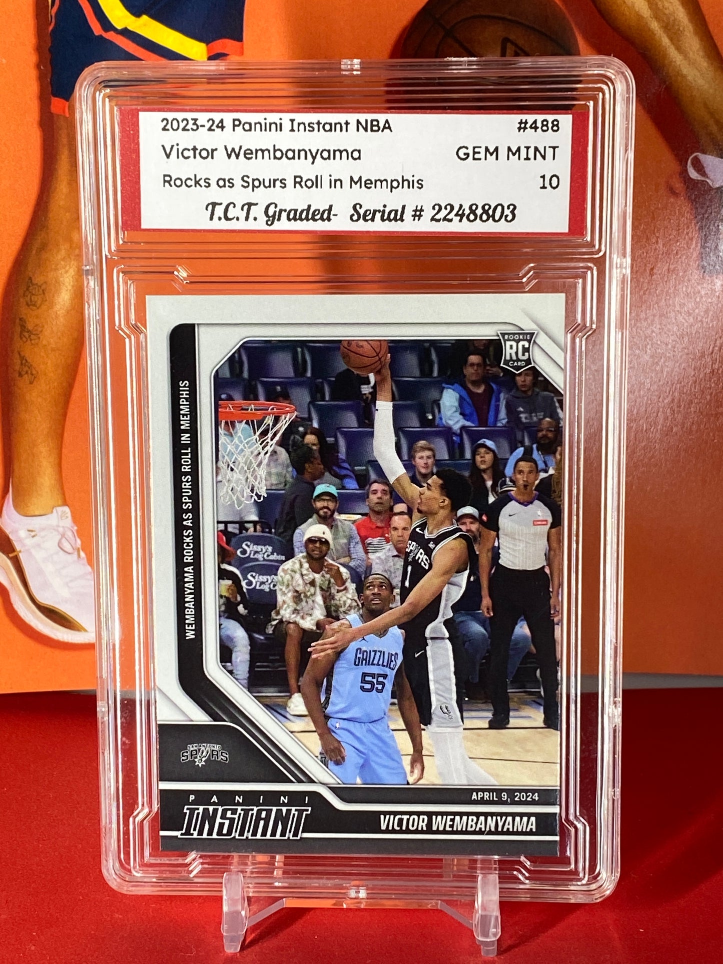 2023-24 Panini Instant NBA #488 Victor Wembanyama Rookie Card Rocks As Spurs Roll In Memphis T.C.T. Graded Gem Mint 10