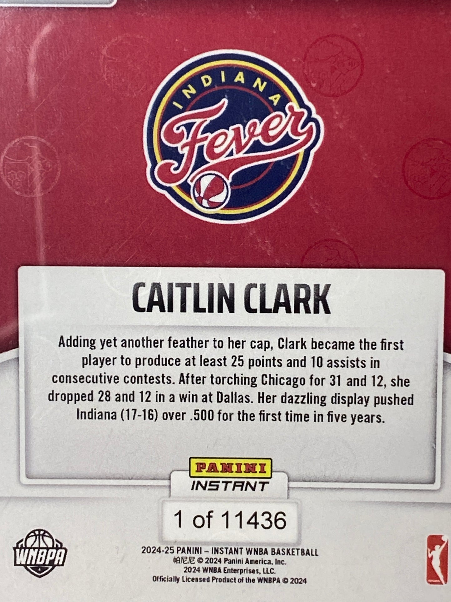 2024 Panini Instant WNBA #195 Caitlin Clark Rookie Card First To Post Consecutive 25-10 Lines T.C.T. Graded Gem Mint 10