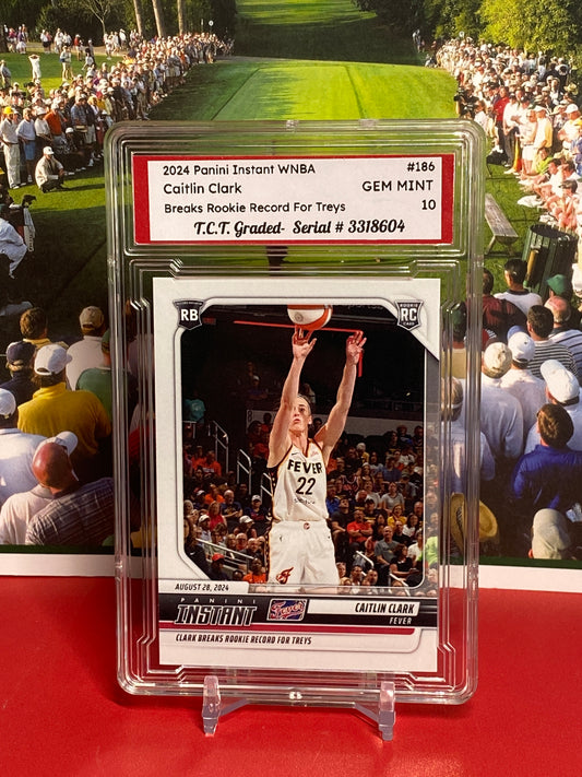 2024 Panini Instant WNBA #186 Caitlin Clark Rookie Card Breaks Rookie Record For Treys T.C.T. Graded Gem Mint 10