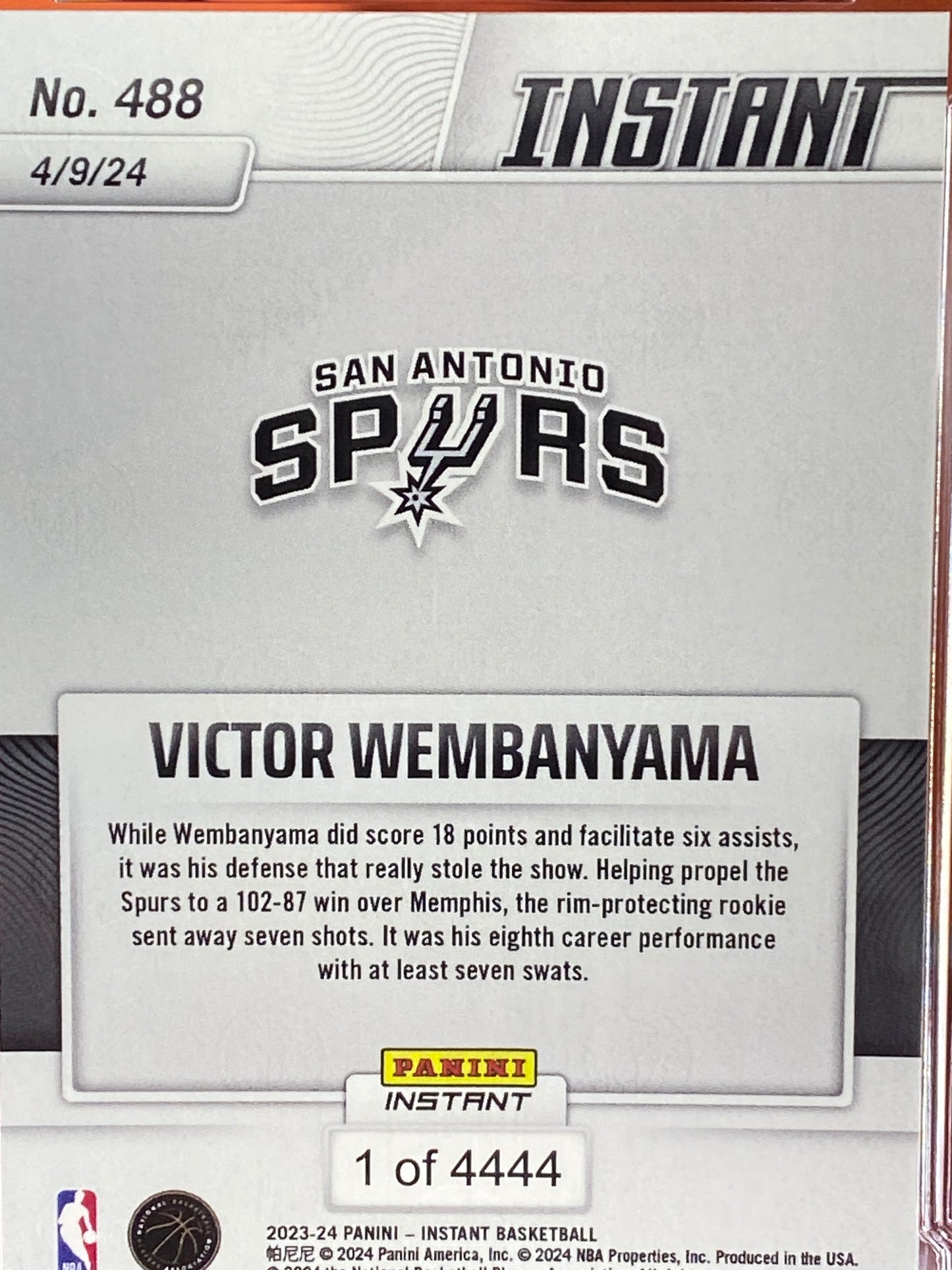 2023-24 Panini Instant NBA #488 Victor Wembanyama Rookie Card Rocks As Spurs Roll In Memphis T.C.T. Graded Gem Mint 10