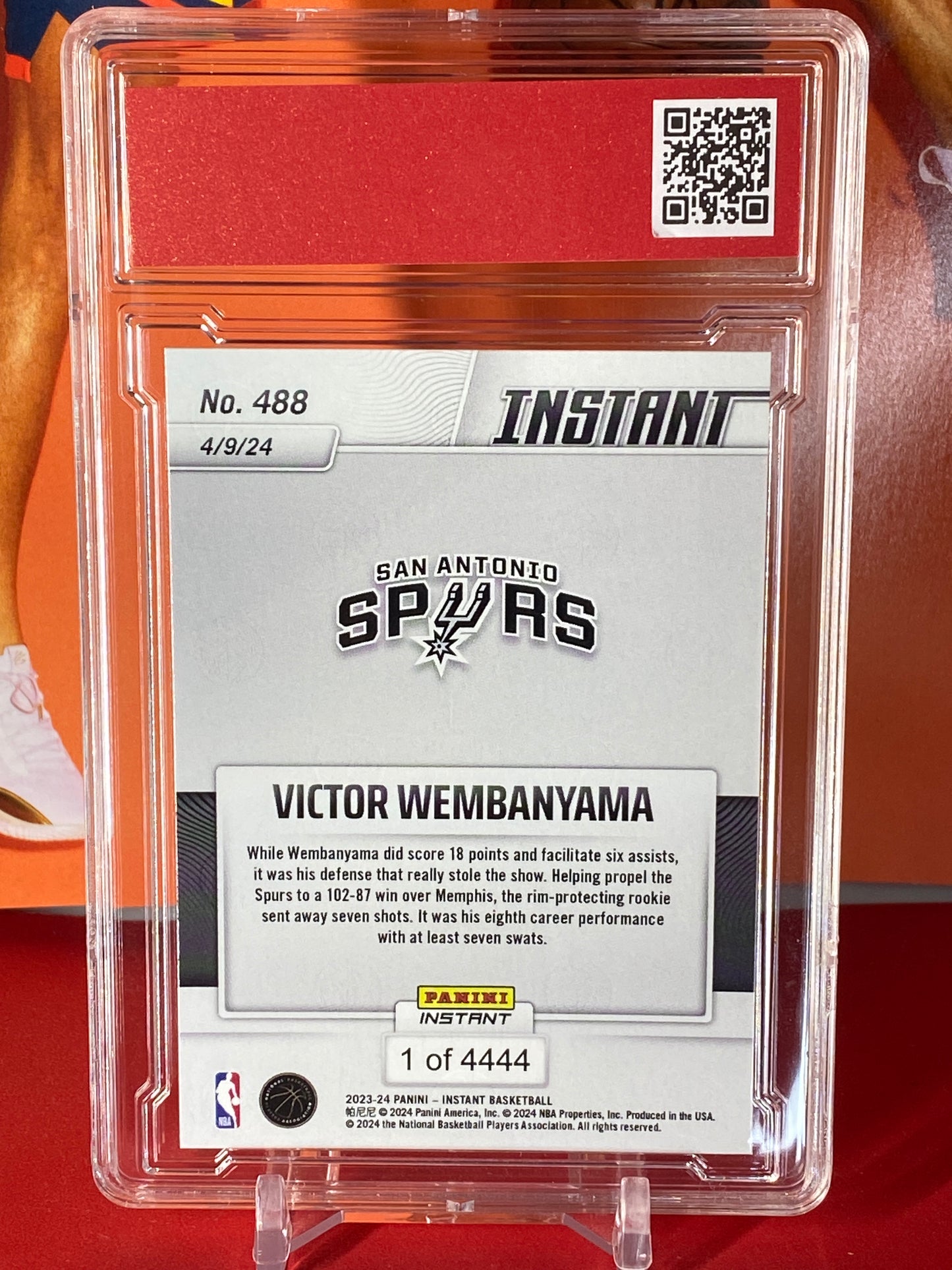 2023-24 Panini Instant NBA #488 Victor Wembanyama Rookie Card Rocks As Spurs Roll In Memphis T.C.T. Graded Gem Mint 10