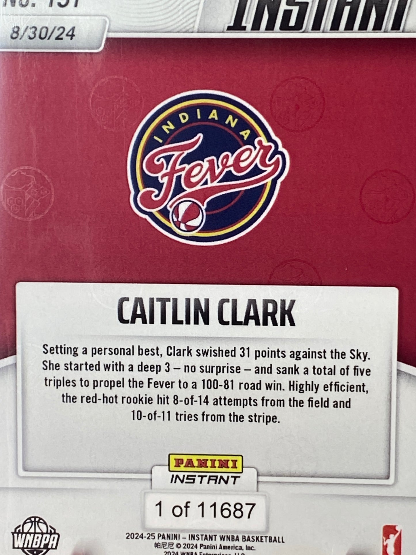 2024 Panini Instant WNBA #191 Caitlin Clark Rookie Card Career-High 31 Points T.C.T. Graded Gem Mint 10