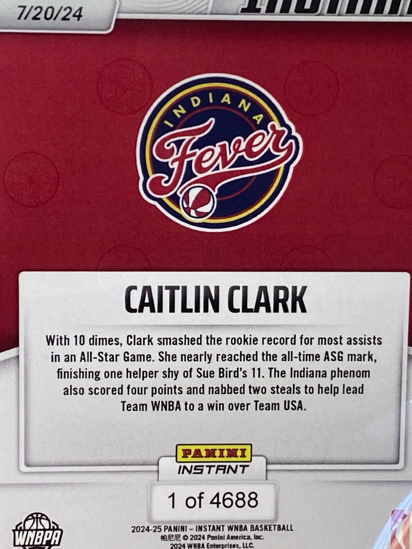 2024 Panini Instant #162 Caitlin Clark Rookie Card T.C.T. Graded Gem Mint 10 “Sets Rookie All-Star Assists Record”