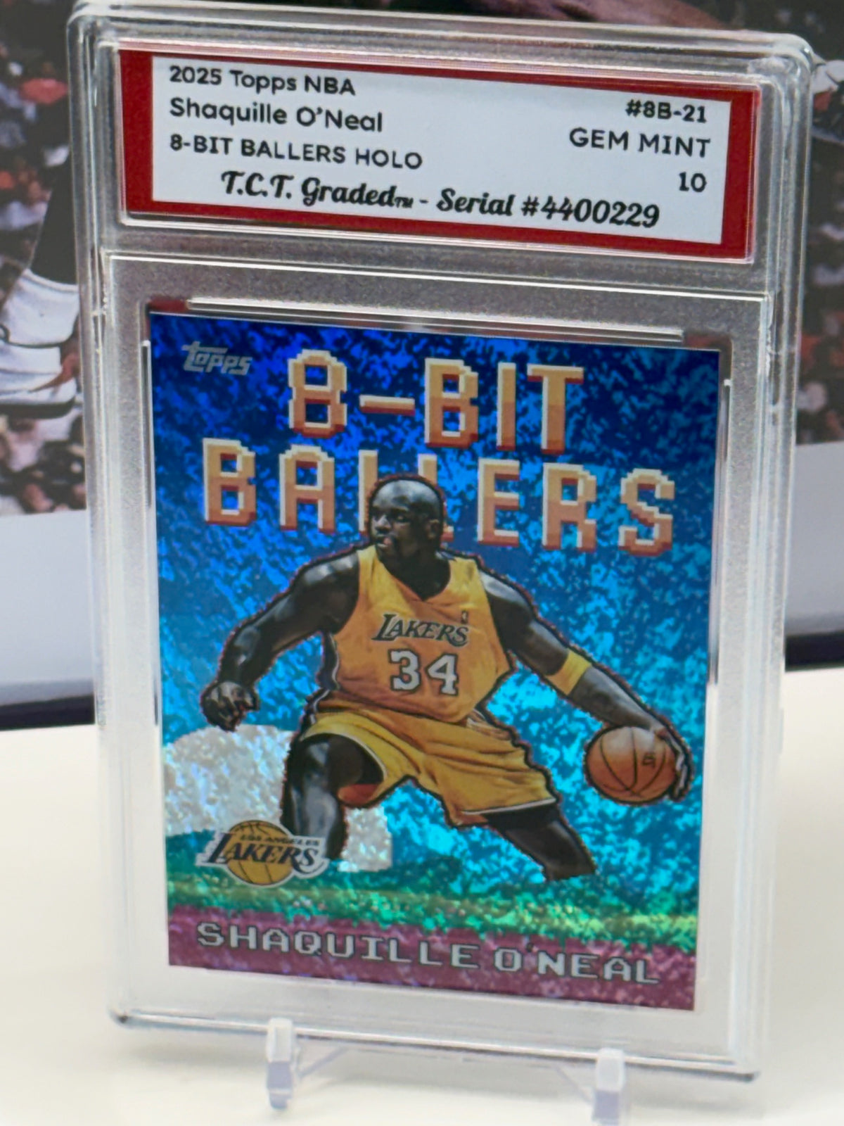 Shaquille O'Neal 2025 Topps NBA 8-Bit Ballers #8B-21 holo T.C.T. Graded(TM) Gem Mint 10 Card stand included