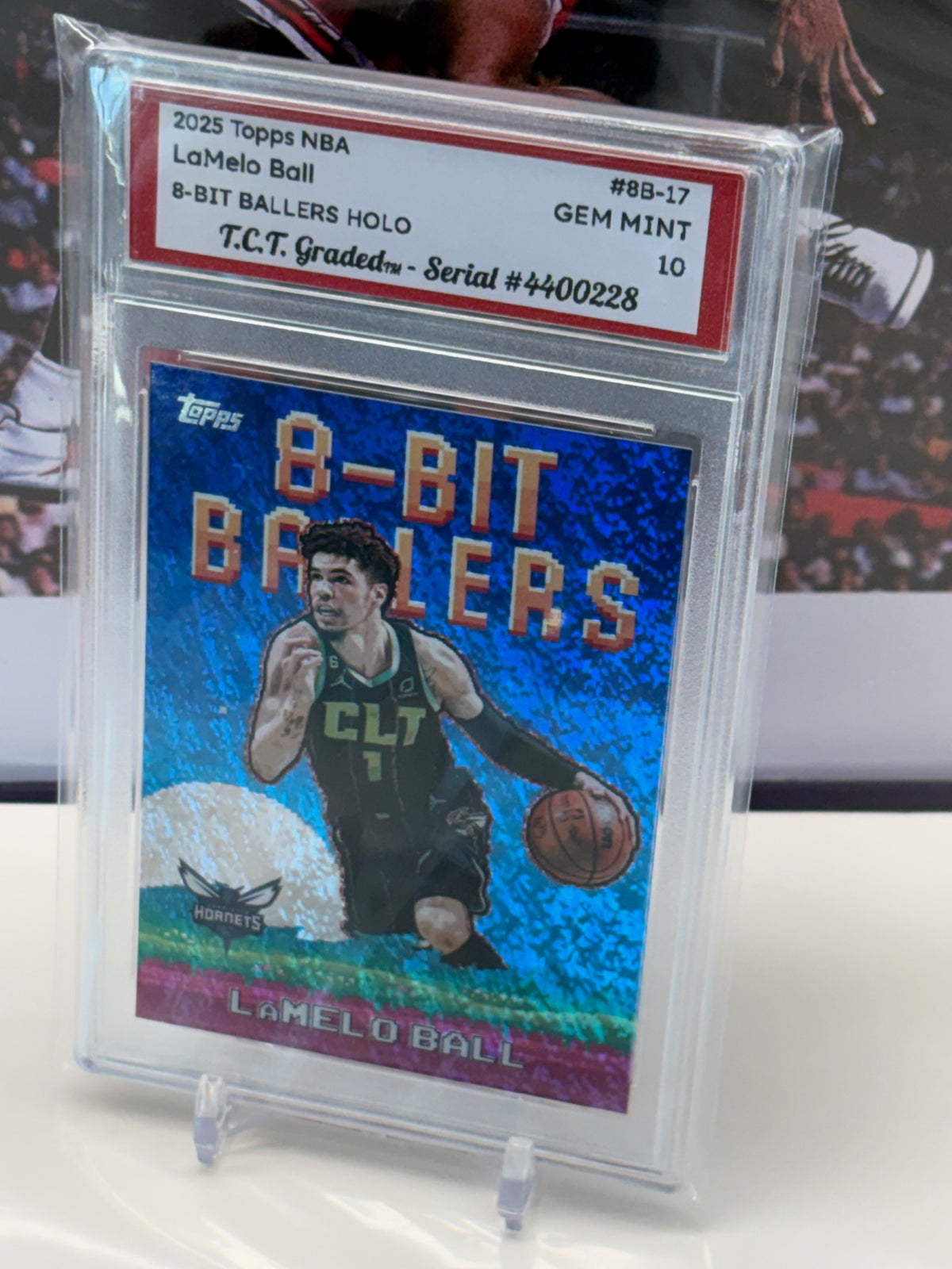 LaMelo Ball 2025 Topps NBA 8-Bit Ballers #8B-17 holo T.C.T. Graded(TM) Gem Mint 10 Card stand included