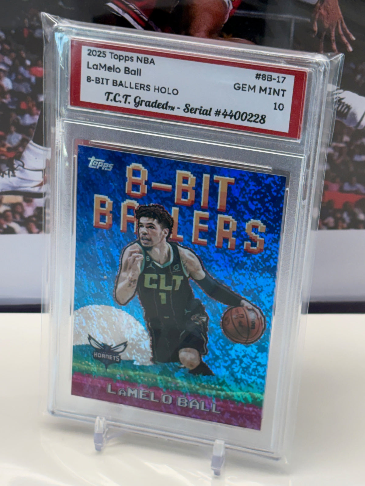 LaMelo Ball 2025 Topps NBA 8-Bit Ballers #8B-17 holo T.C.T. Graded(TM) Gem Mint 10 Card stand included