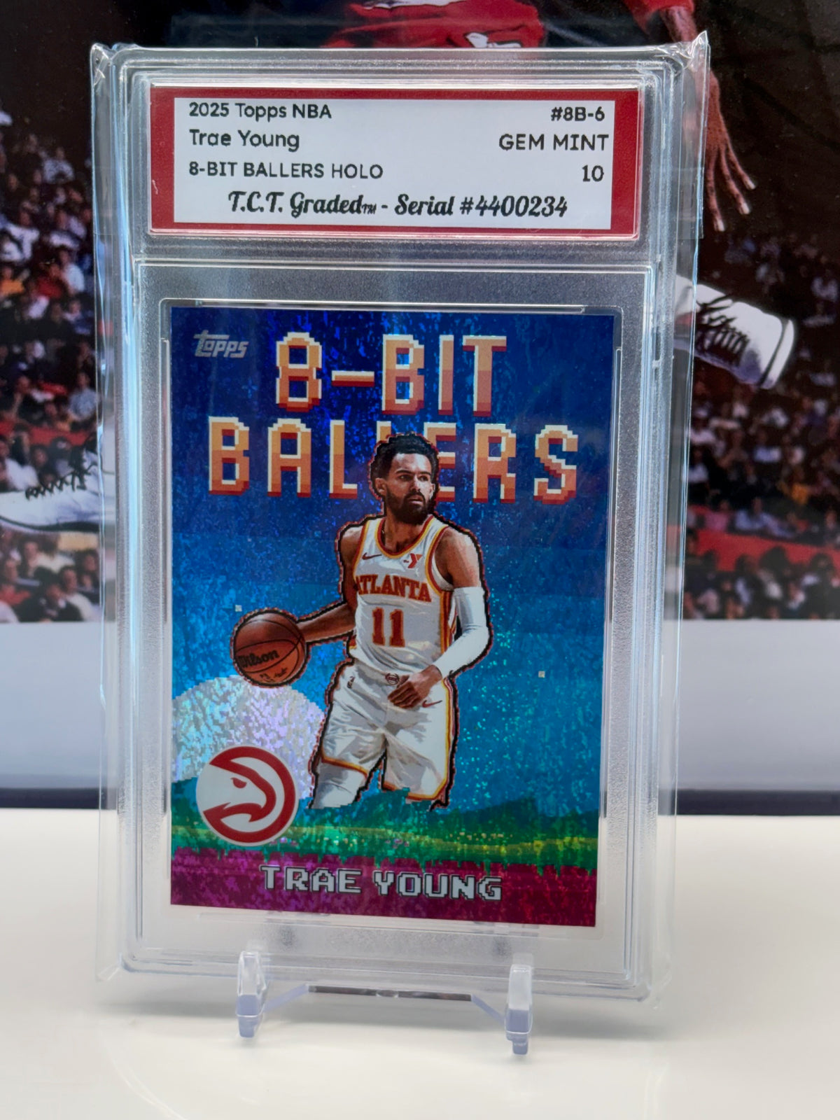 Trae Young 2025 Topps NBA 8-Bit Ballers #8B-6 holo T.C.T. Graded(TM) Gem Mint 10 Card stand included