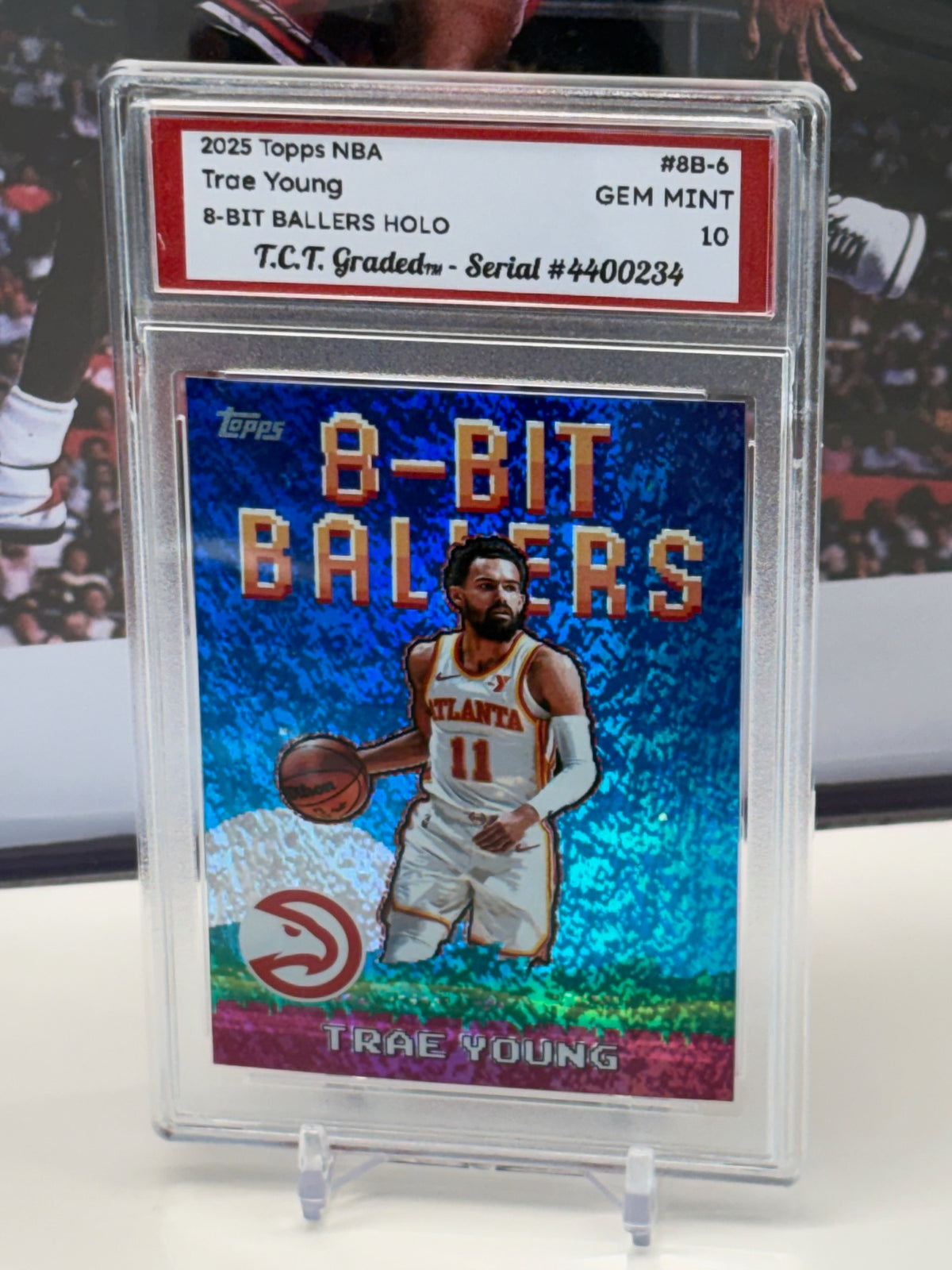 Trae Young 2025 Topps NBA 8-Bit Ballers #8B-6 holo T.C.T. Graded(TM) Gem Mint 10 Card stand included
