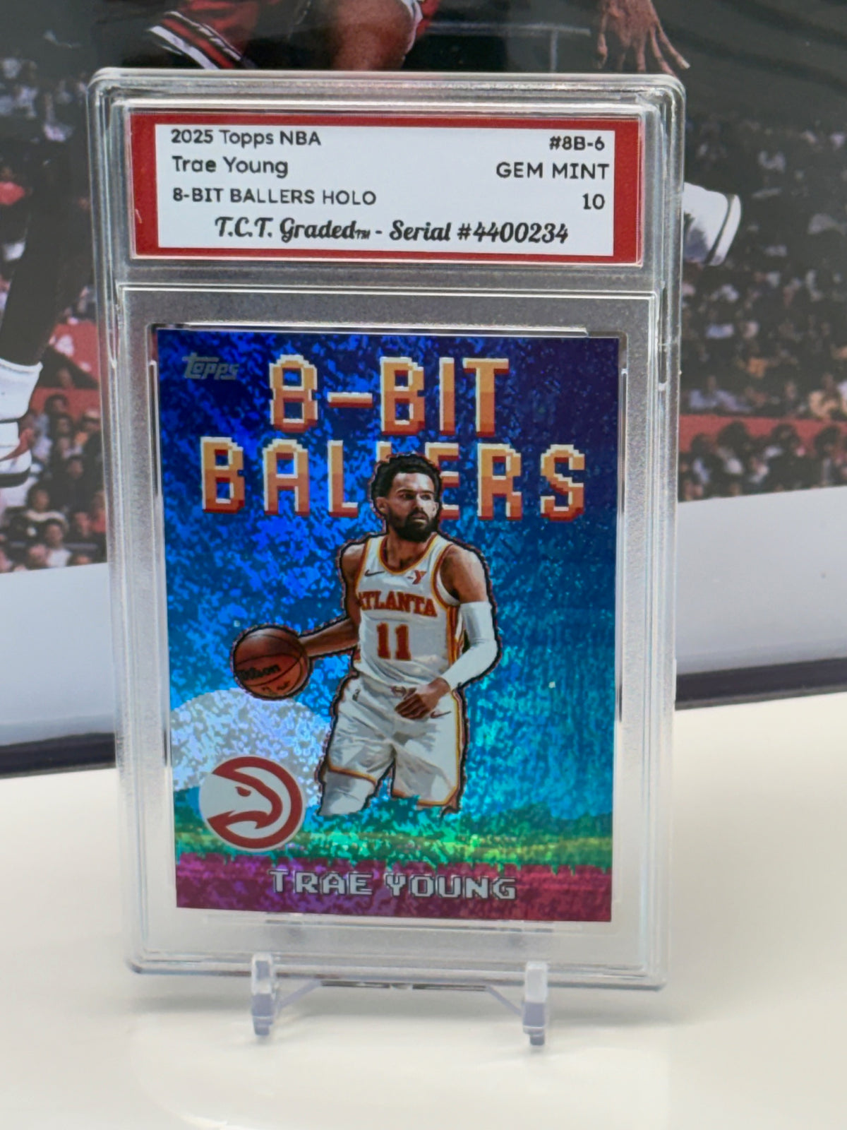Trae Young 2025 Topps NBA 8-Bit Ballers #8B-6 holo T.C.T. Graded(TM) Gem Mint 10 Card stand included