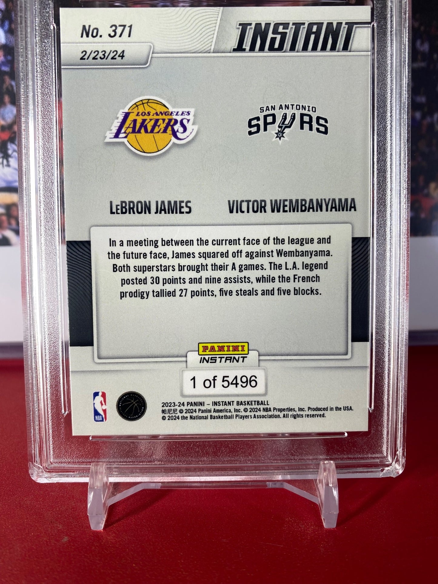 2023-24 Panini Instant NBA #371 LeBron James VS Victor Wembanyama Rookie Card LeBron/Victor Put On A Show T.C.T. Graded Gem Mint 10
