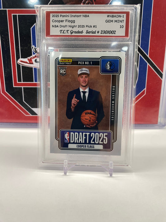 2025 Panini Instant NBA #NBADN-1 Cooper Flagg NBA Draft Night 2025 Pick #1 T.C.T. Graded Gem Mint 10 Card stand included