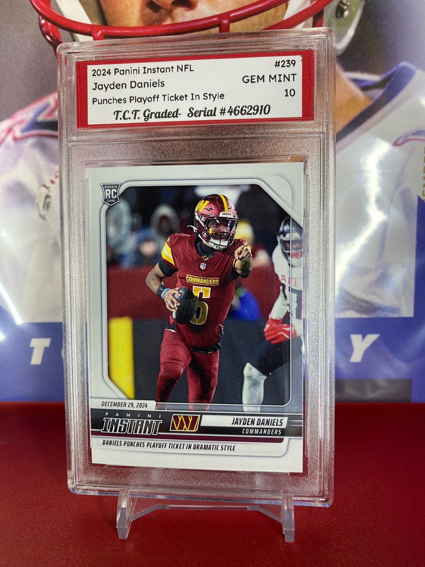 2024 Panini Instant NFL #239 Jayden Daniels Rookie Card T.C.T. Graded Gem Mint 10 Punches Playoff Ticket In Style